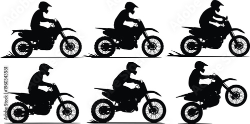Motocross rider silhouette sequence showing dirt bike riding, acceleration and wheelie action isolated on white background, offroad racing and extreme sport concept illustration