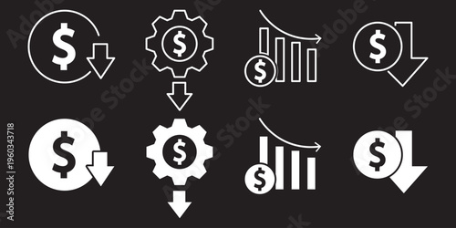 Cost Reduction Icon Set. Money Saving and Budget Cut Symbols. Dollar Sign with Downward Arrow, Financial Loss Chart, and Expense Optimization Icons. Modern Blue Vector Assets for Business and Finance.