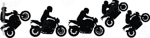 Motorcycle rider silhouette set performing wheelies and racing actions, sportbike motion sequence isolated on white background, extreme sports activity illustration collection