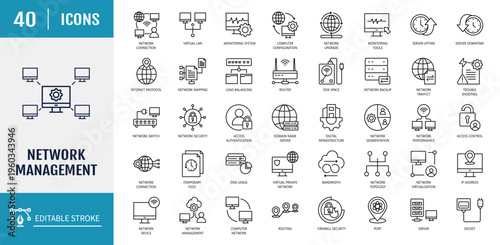 Computer network icon set. Includes management, configuration, monitoring system, performance, security, digital infrastructure. Outline icon set. Vector illustration with editable stroke