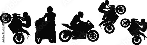 Motorcycle stunt rider silhouettes set performing wheelies and tricks, extreme sports action on sportbike, dynamic motion isolated on white background illustration collection