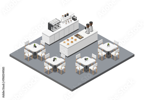 Isometric view of a modern, sleek cafe interior with clean lines and a minimalist design featuring serving counters and dining tables
