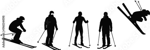 Skier silhouette sequence showing downhill skiing, standing poses and freestyle jump trick isolated on white background, winter sport activity and extreme snow adventure concept illustration