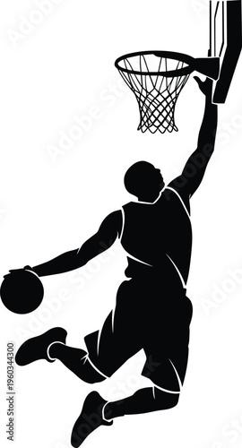 Black Silhouette of a Professional Basketball Player Jumping for a Slam Dunk into the Hoop Isolated on a White Background