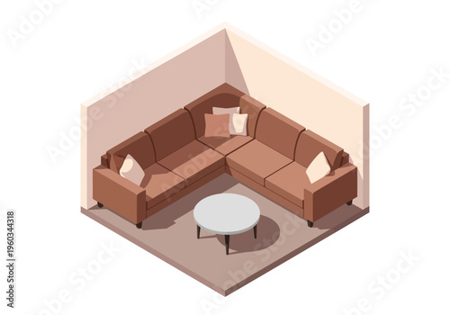 Isometric illustration of a modern sectional sofa with cushions and a round coffee table in a room