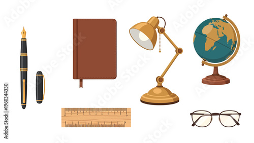 Education and Study Supplies Set. Flat Vector Illustration of Learning Tools: Globe, Lamp, Pen, Notebook, Ruler, Glasses.