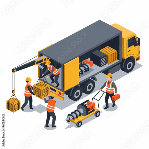 Workers loading and unloading cargo from a truck with a crane.
