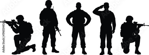 Black Silhouette Set of Five Military Soldiers in Different Poses Including Saluting and Kneeling with Rifles on White Isolated Background