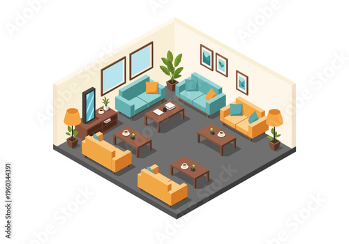 Isometric illustration of a modern office waiting area with comfortable seating and decor