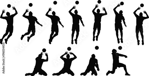 Volleyball player silhouette set showing jumping, blocking and spiking actions, athletes in dynamic motion isolated on white background, sports activity illustration collection