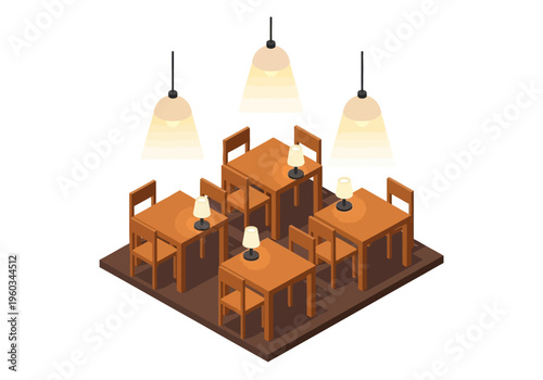 Isometric view of a restaurant dining area with tables and lamps