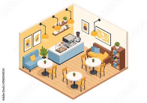 Cozy isometric interior view of a charming coffee shop with seating and baked goods display