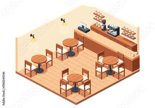 Cozy Isometric Coffee Shop Interior with Tables, Chairs, and Barista Station
