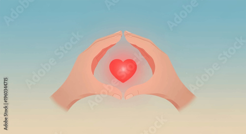 Hands forming a heart shape with a red heart inside symbolizing love and care against a serene blue and beige background