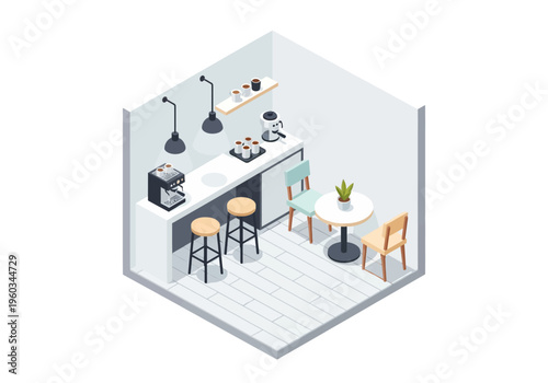 Isometric view of a modern minimalist coffee bar interior with seating and coffee station