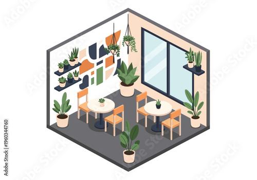 Cozy isometric cafe interior with plants and tables, a welcoming space for relaxation and coffee