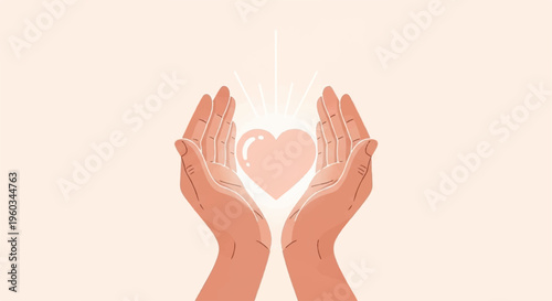 Hands cradling glowing heart symbol representing love care and compassion in a soft peach and white color scheme