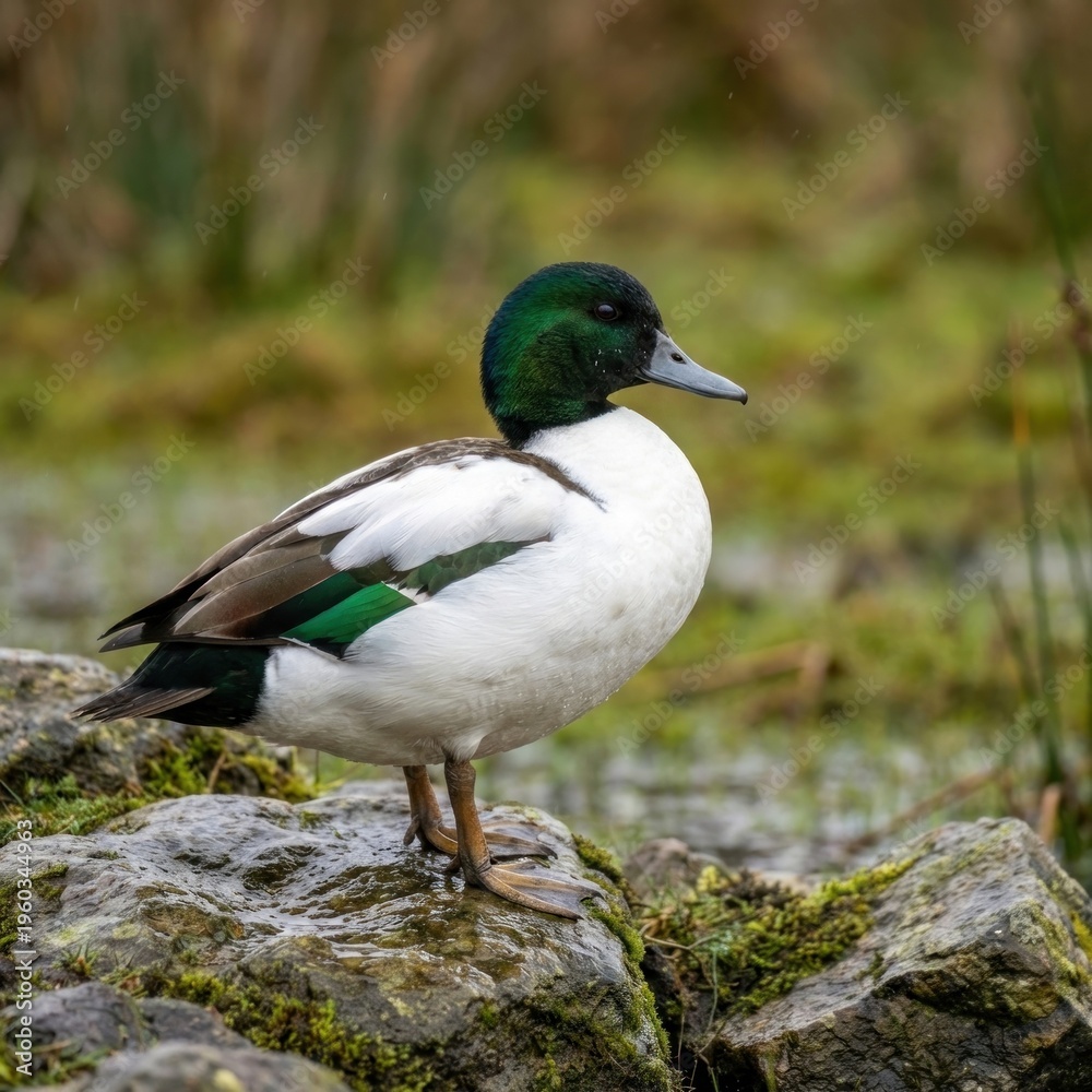 Obraz premium white colored duck with green feathers on a background