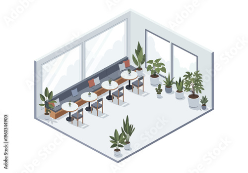 Cozy and modern indoor cafe or restaurant space with tables, chairs, and abundant plants