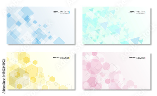 DX・デジタル変革イメージの抽象背景4種セット（四角、三角、六角形、丸などの幾何学デザイン）