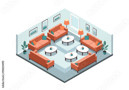 Isometric view of a modern office lobby with comfortable seating and plants