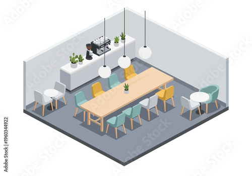 Isometric view of a modern office break room with coffee machine and dining table