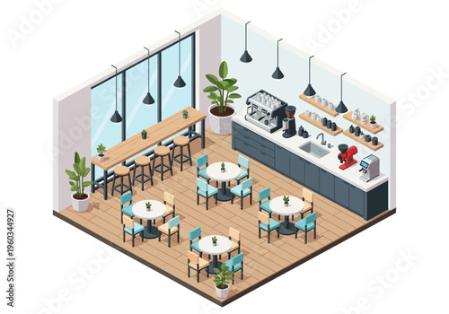 Cozy Coffee Shop Interior Isometric View with Tables, Chairs, and Espresso Machine