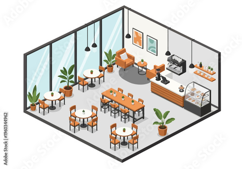 Cozy coffee shop interior with seating areas and counter service, isometric view