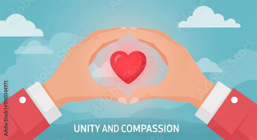 Hands forming heart shape with red heart inside symbolizing unity and compassion against cloudy sky background