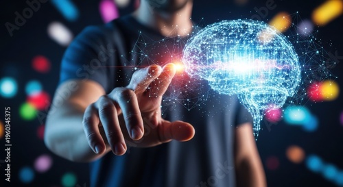 Man interacting with glowing digital brain, futuristic technology concept