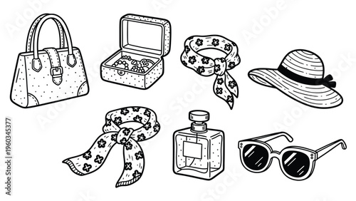 Elegant Women's Fashion Accessories Vector Set. Handbag, jewelry box, scarves, hat, perfume bottle, sunglasses. Monochrome illustration.