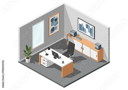 Isometric view of a modern office workspace with a desk, chair, and cabinet