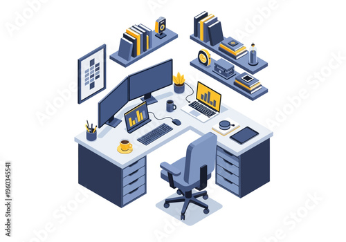 Modern isometric office desk with computer monitors, laptop, chair, and shelves filled with books and decor