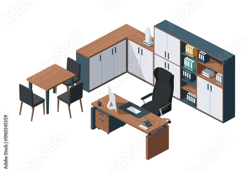 Modern Office Furniture Arrangement with Desk, Chairs, and Storage Cabinets