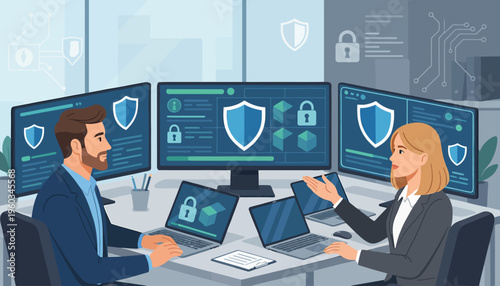 Flat illustration of a male and female business professional monitoring a cybersecurity operations center with multiple screens displaying network security shields and data encryption.