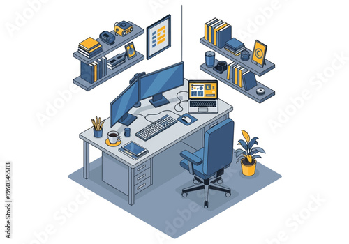 Modern isometric home office setup with dual monitors, laptop, and ergonomic chair