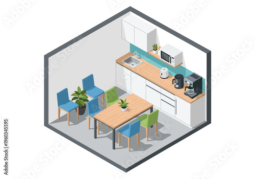 Cozy and Functional Office Break Room with Dining Table, Chairs, and Kitchenette