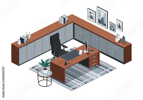 Modern office furniture with desk, chair, cabinets, and decor in a professional workspace