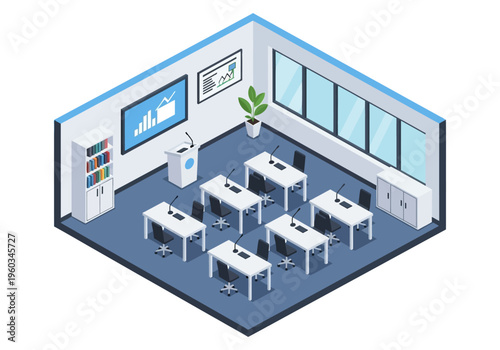 Isometric Presentation Room with Rows of Desks and a Lectern for a Conference or Workshop