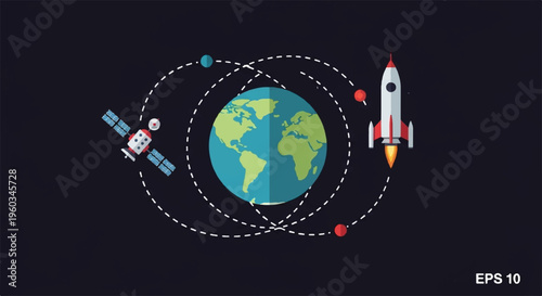 Earth with satellite and rocket in orbit around the globe on a black background with stars