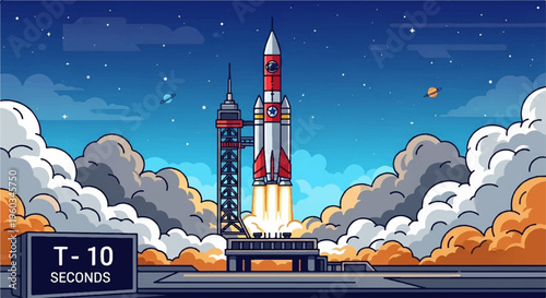 Rocket launch countdown t 10 seconds spacecraft blasting off into starry night sky with smoke and flames