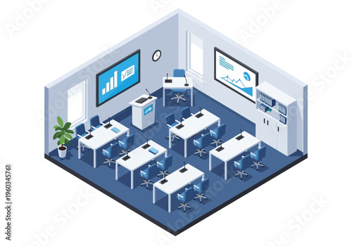 Modern classroom with interactive screens, desks, and chairs in a professional setting