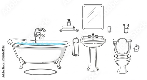 Bathroom Fixtures Sketch - Bathtub, Sink, Toilet, and Mirror Illustration.