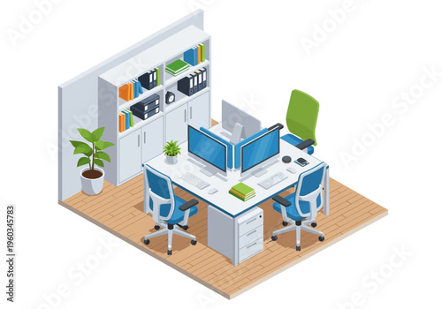 Modern office workstation setup with dual monitors, ergonomic chairs, and storage solutions