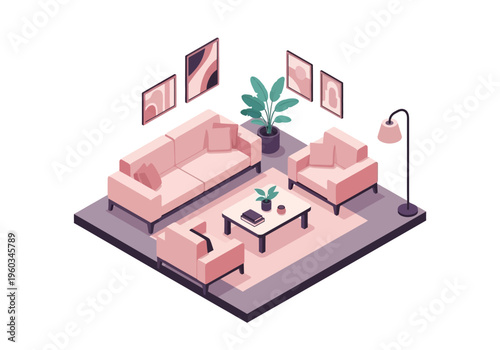 Cozy Isometric Living Room with Modern Furniture and Decor
