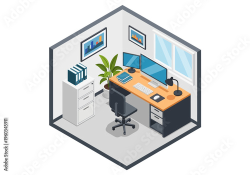 Isometric home office desk setup with dual monitors, computer, plant and filing cabinet