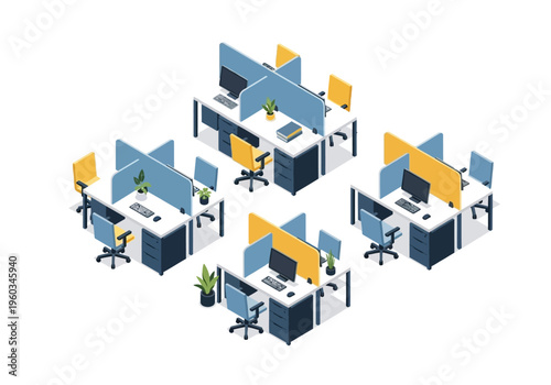 Modern open-plan office layout with cubicles, computers, and chairs in a clean, isometric view