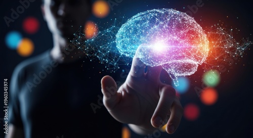 man touching glowing brain with colorful particles and lights