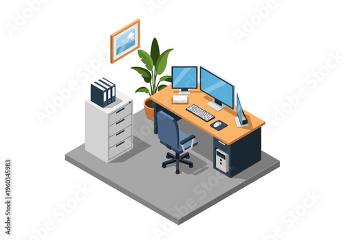 Isometric home office desk setup with computer, chair, and filing cabinet for modern workspace