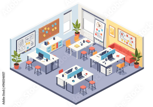 Modern Office Space with Desks Computers and Collaboration Areas Isometric View